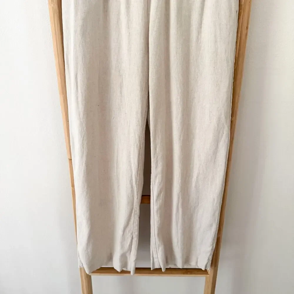 Zara Linen Blend Wide Leg Pants Beige Oatmeal Elastic Waist Size M EUC